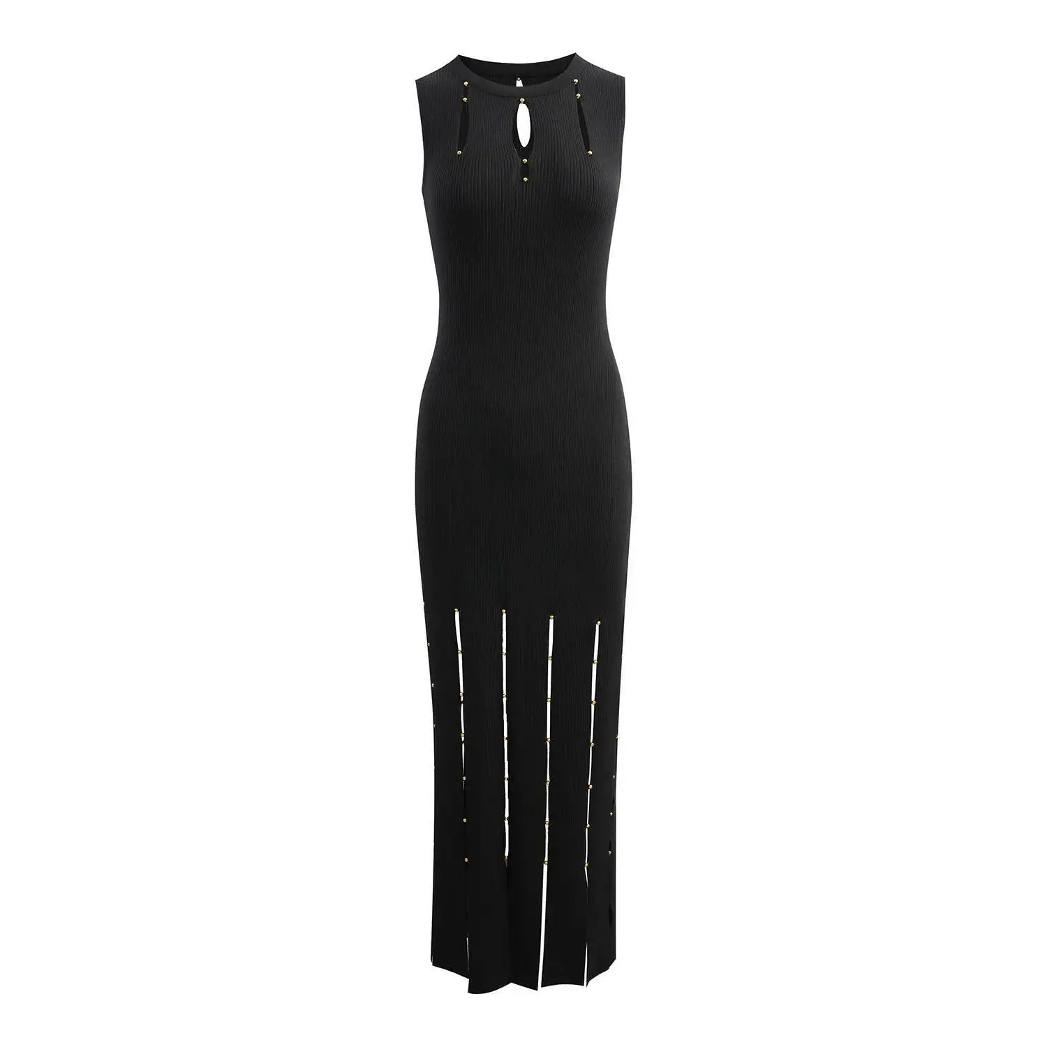 LEOSOXS 2025 ฤดูใบไม้ผลิ ฤดูร้อน เสื้อผ้าผู้หญิง เสื้อแขนกุดถักไหมพรม ชุดเดรสยาว คอทรงโอ ชุดเดรสยาวพู่ห้อย ชุดเดรสทำงานสุภาพสตรี