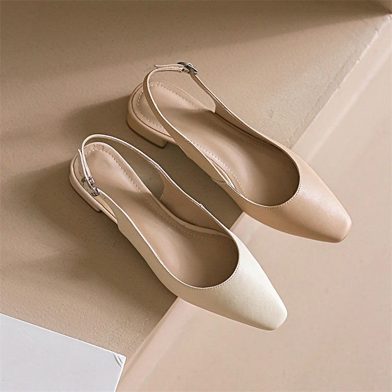 Meotina Genuine Leather Women Slingbacks Shoes Buckle Thick Heels Pumps Square Toe Med Heel Ladies Footwear 2022 Spring Beige 43