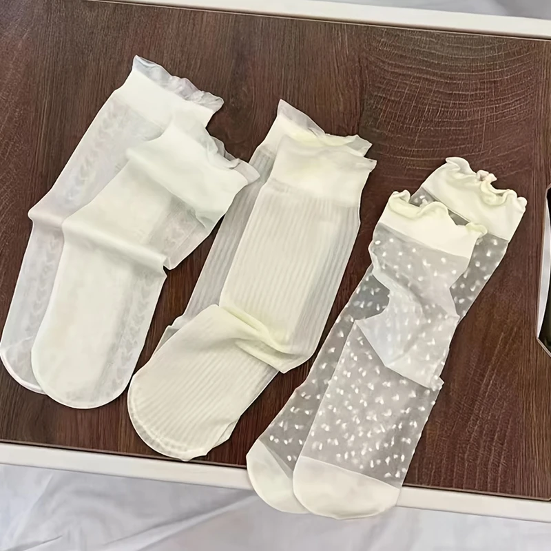 3 Pairs of Girls Socks Ultra-thin Summer Breathable Ice Silk Lace Socks Girls Mesh Princess Fairy Pile Socks