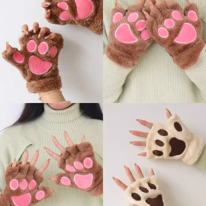 Cat Claw Warm Half Finger Gloves Cute Bear Cat Paw Thick Plush Fingerless Glove Autumn Fluffy Comfortable Lovely Kitty Mittens