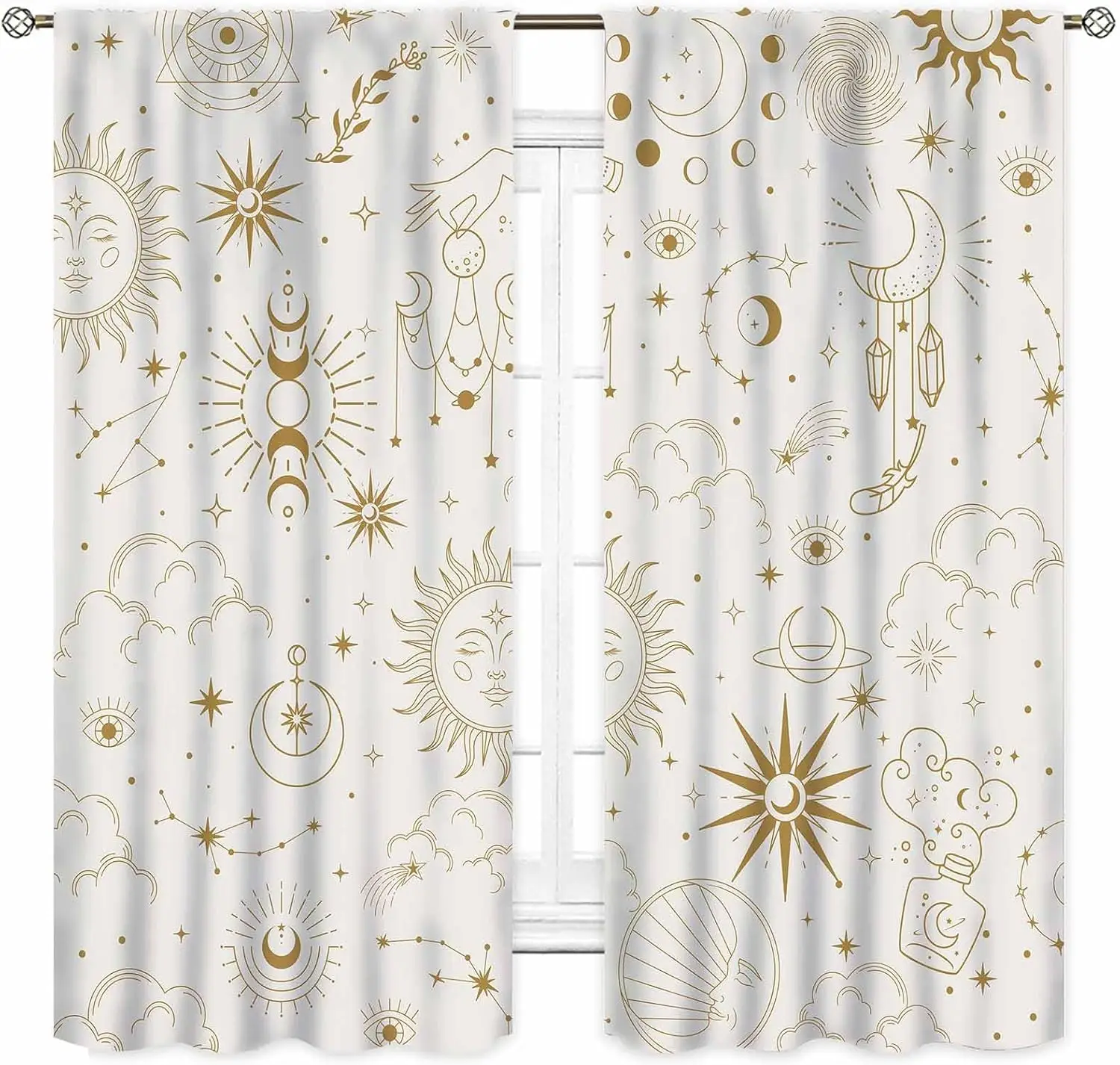 Gothic Sun Moon Curtains, Boho Witchy Moon Phase Celestial Tarot Constellation Mystical Star Cosmos Aesthetic Window Drapery