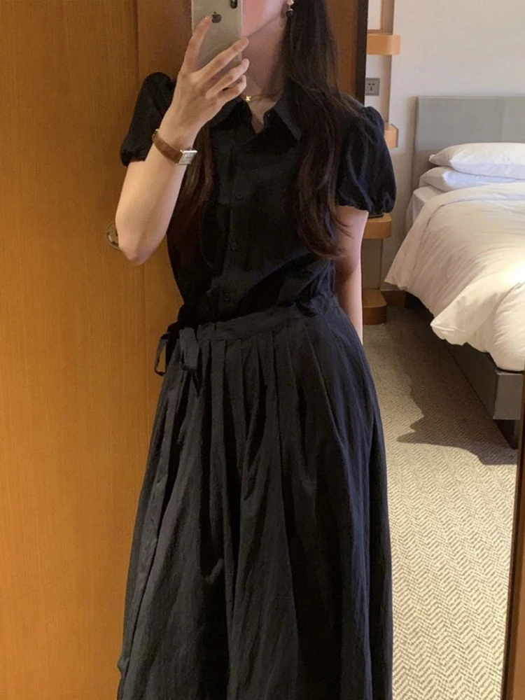 Vestido csa branco f verão saia longa personalidade dupla camada design psado cintura bolha manga a linha saia e...