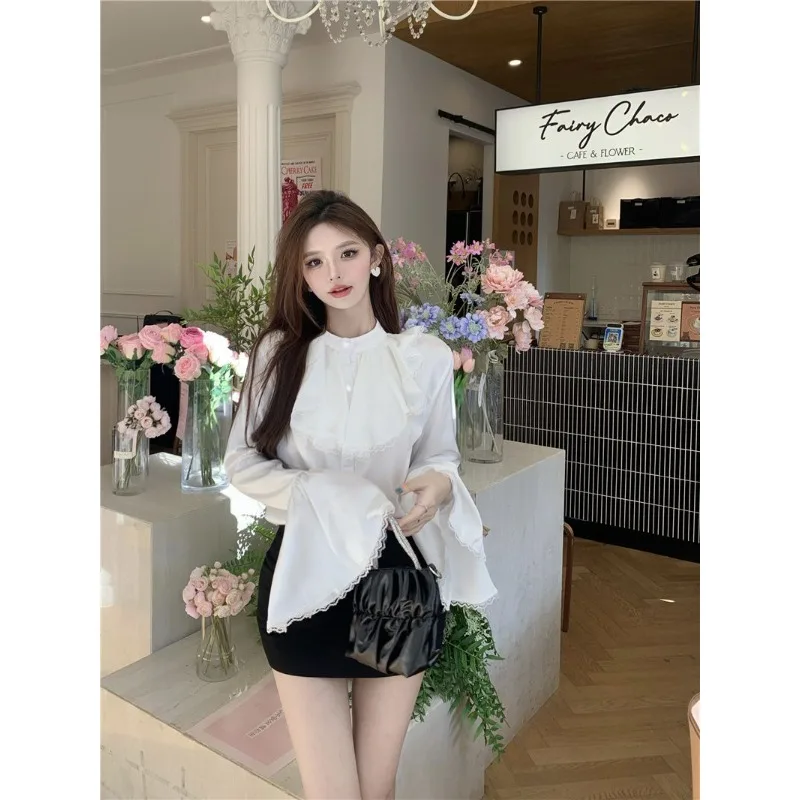 เสื้อเชิ้ตแขนบานผ้าชีฟองลูกไม้สำหรับผู้หญิง รุ่นใหม่ ดีไซน์หรูหรา ทรงหลวม ช่วยพรางหุ่น รุ่น TT987