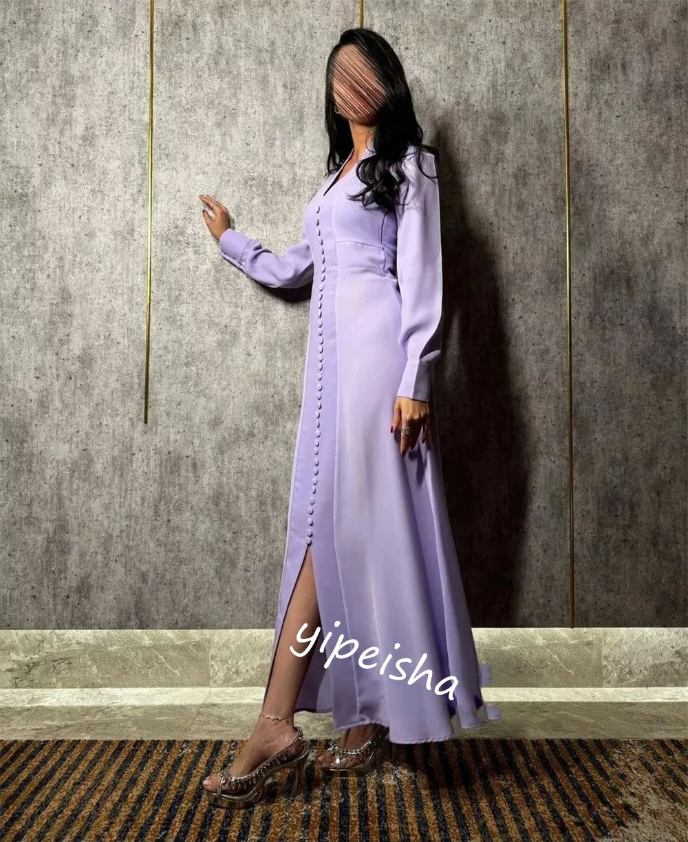 Gaun Prom Arab Saudi gaun malam kancing tertutup Pleat Natal A-line V-Neck Bespoke gaun acara gaun Midi