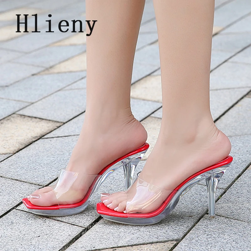 

Hlieny/пикантные женские шлепанцы на прозрачной платформе с кристаллами из ПВХ, новые летние сандалии на высоком каблуке с квадратным носком, вечерние свадебные туфли