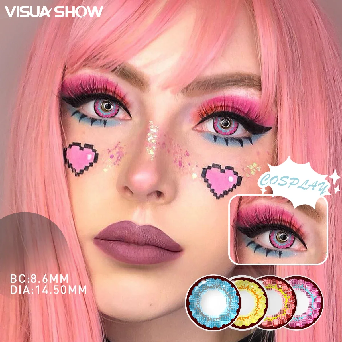 VISUASHOW Block Rot Cosplay Farbige Kontaktlinsen Augenfarben-Kontaktlinsen für Cosplay-Partys, Halloween, Weihnachten, Anime-Rollenspiele – Detail 3