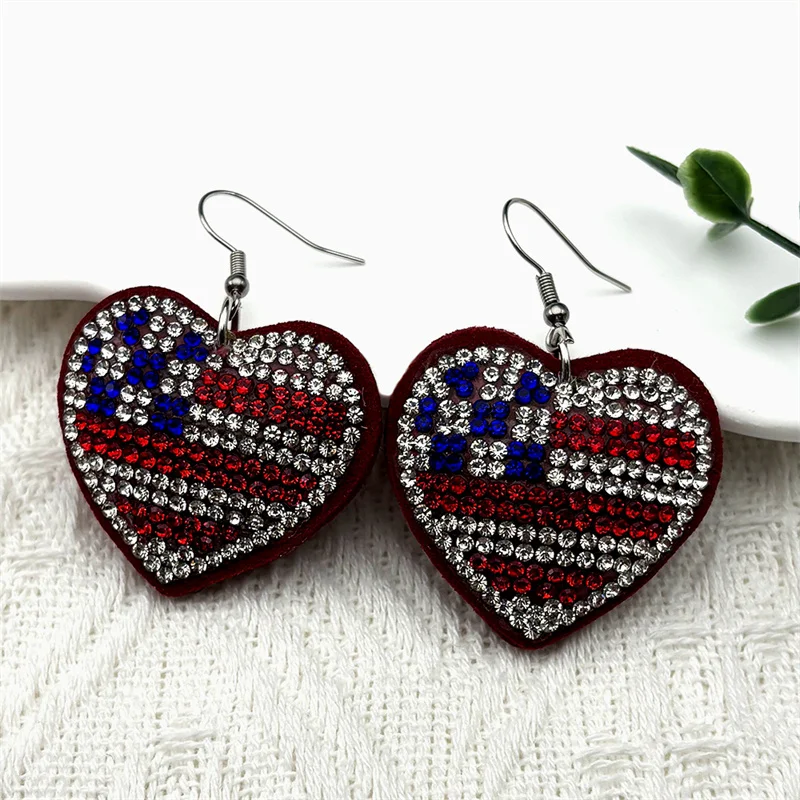 

Heart Love American US Flag Rhinestone Earrings for Women Girls Red Blue Color Stars Stripes Drop Dangle Earring Jewelry Gifts