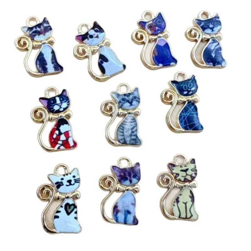 10Pcs Alloy Printed Cute Cat Charms for DIY