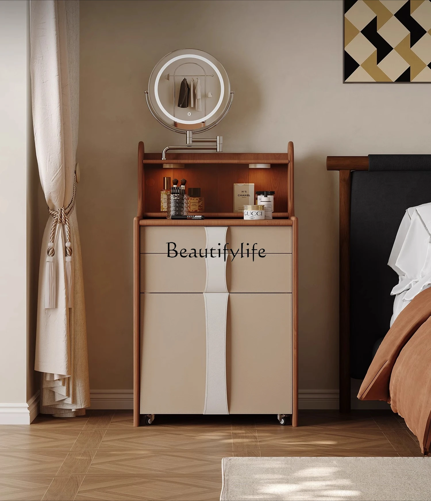 

Italian Minimalist Saddle Leather Makeup Table Makeup Mirror with Storage Small Dressing Table