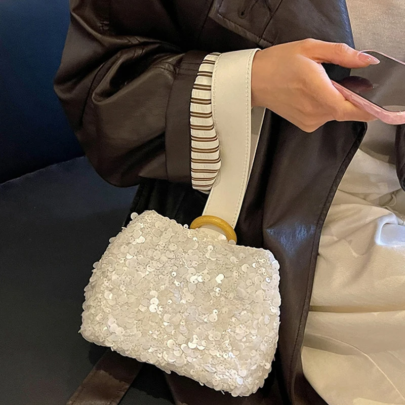 Pailletten-Handgelenktasche, glitzernde Handtasche, Damen-Clutch, einzigartige elegante Abendtasche für Partys, Hochzeiten, Bankette, Abendessen – Detail 10