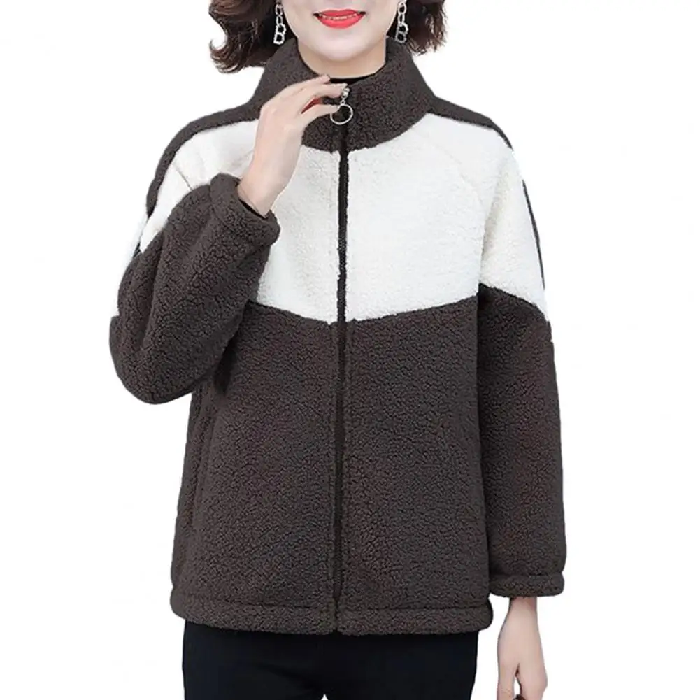 

Women Coat Colorblock Thick Plush Warm Stand Collar Long Sleeve Zipper Closure Cardigan Mother Jacket