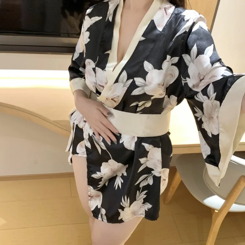 Plus Size Sexy Lingerie Sakura Kimono Lovely Japanese Cosplay Uniform Roleplay Robe Floral Bathrobe Short Night Dressing Gown