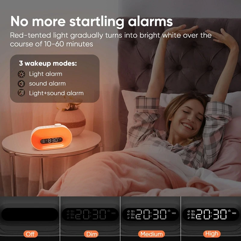 Alarm Clock Wake Up Light, Gradual Sunlight Lamp Clock, Sound Machine With 10 Soothing Sounds, FM Radio, Nightlight