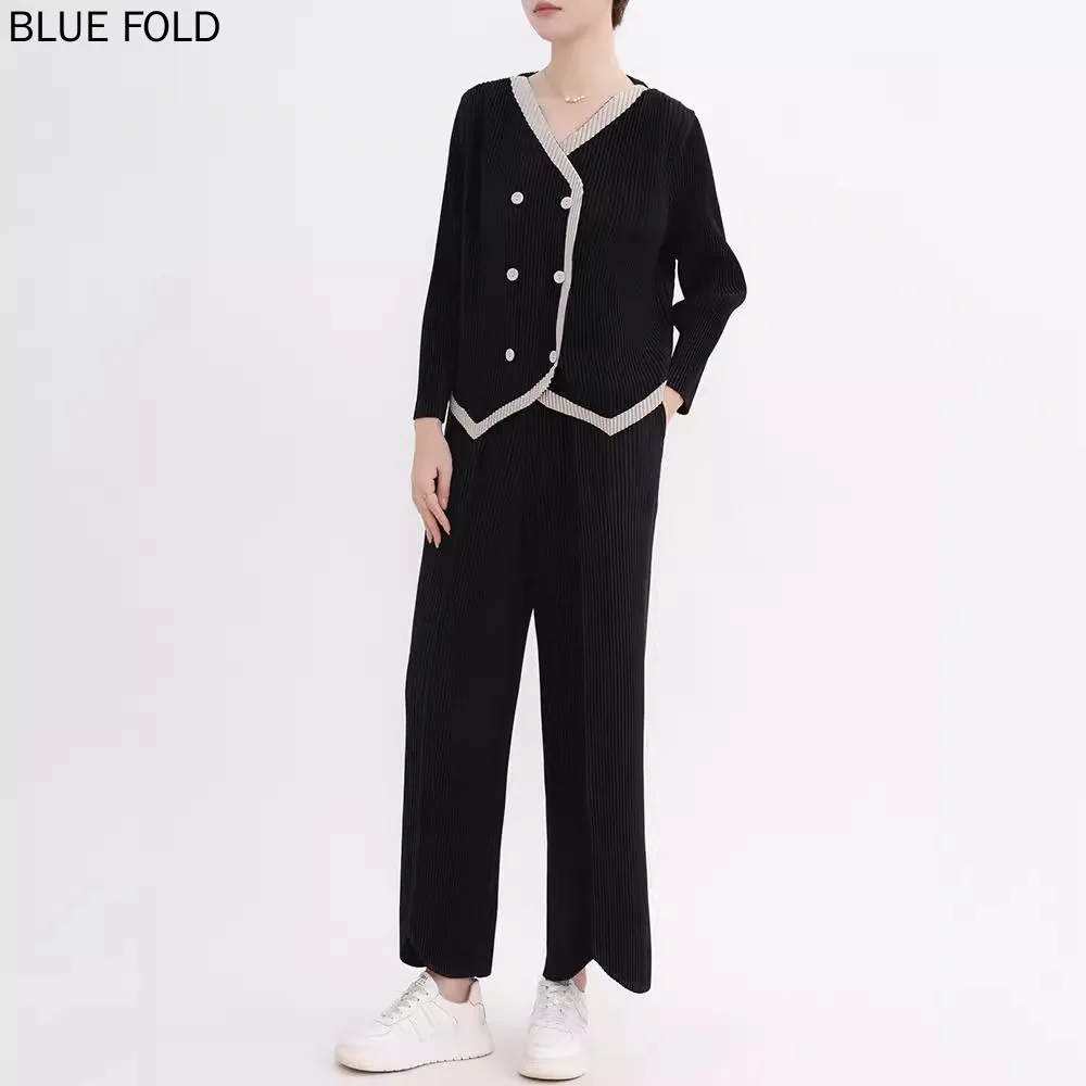 

MIYAKE Fashionable Temperament Suit Women's Autumn V-neck Double-breasted Long-sleeved Top Drape Straight Pants Two-piece Suit