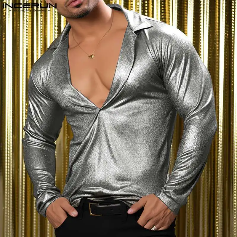 Fashion Party Shows Style Tops INCERUN Men\'s Large V-neck Glossy Fabric Shirts Casual Clubwear Male Long Sleeved Camiseta S-5XL