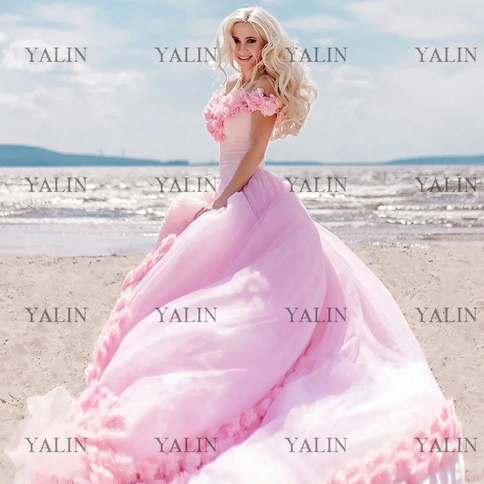 YALIN-exquisito vestido de quinceañera con hombros descubiertos, tren de barrido, apliques de flores en 3D, vestidos de baile de graduación de tul rosa, 2022