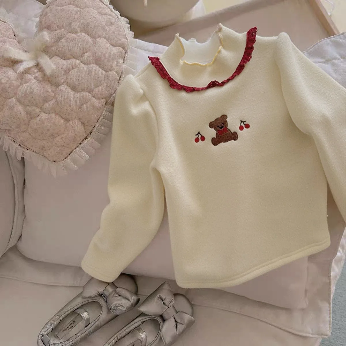 Herbst-Winter-Baby-Spitzen-Fleece-Unterhemd, Mädchen-Oberteil mit Stickerei, warm, langärmelig, weich, dehnbar, Freizeit-Sportbekleidung für Kinder – Detail 8