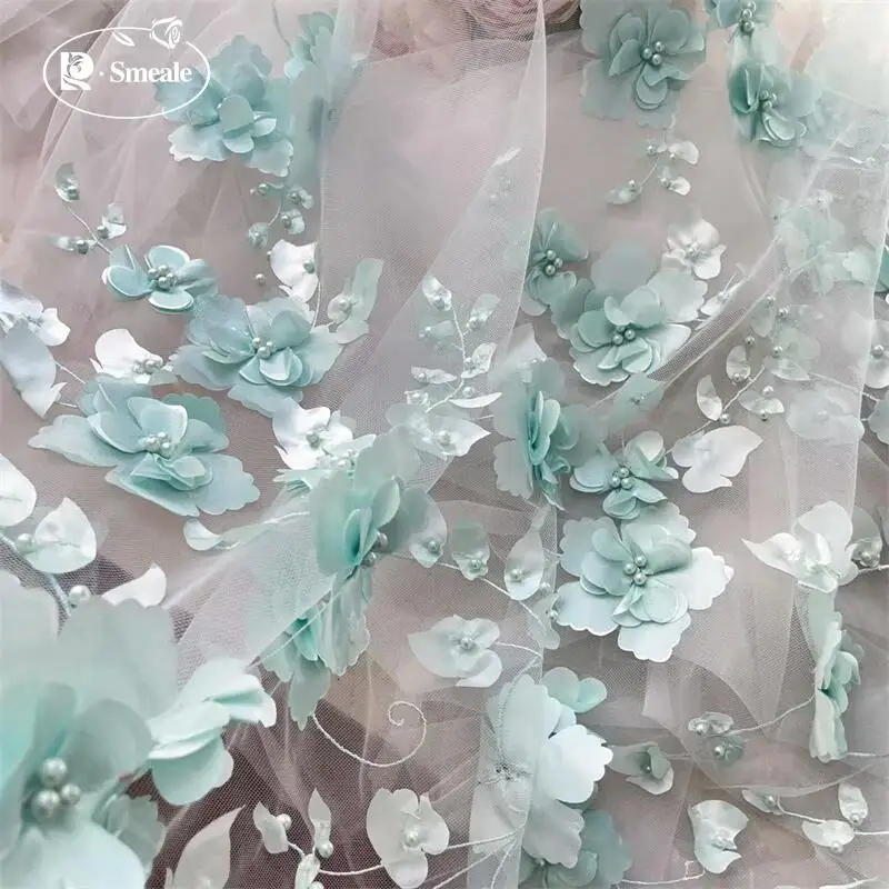 Hellgrüne Perlen 3D-Blumen-Spitzenstoff. Hochzeitskleid DIY Kinderkleidung Nähen Stoff. Hochzeitskleider, Spitzenstoff 5 Yards – Detail 7