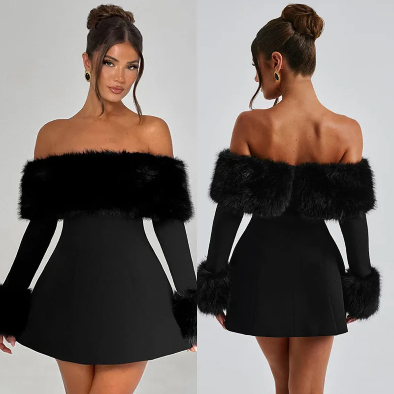 

Seductive One-Shoulder Faux Fur A-Line Skirt Fashion Off-Shoulder High-Waisted Mini Dress Lady Party Long-Sleeved Fitted Dress