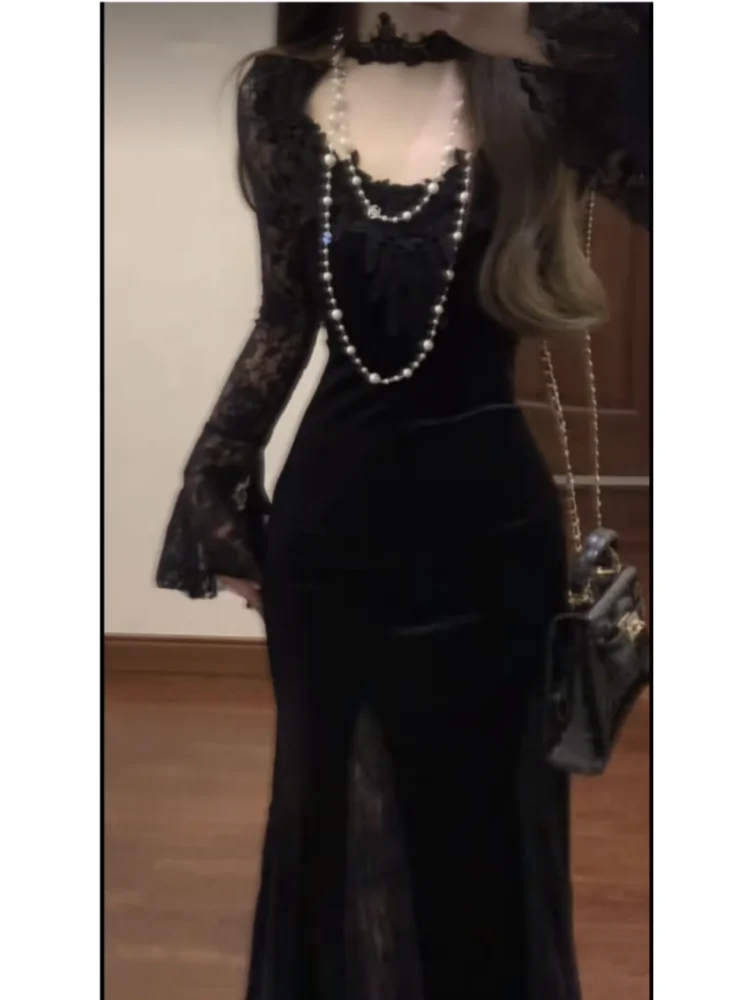 Elegant Gothic Lace Patchwork Dress For Women Summer Slim Fit Bodycon Dresses Y2k Aesthetic Fashion Black Vestidos Mujer