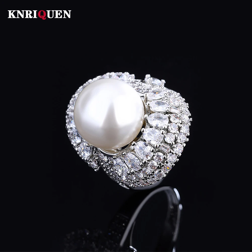 

Charms 14MM White Black Big Pearl Adjustable Rings for Women Lab Diamond Cocktail Party Fine Jewelry Wedding Accessories Gifts