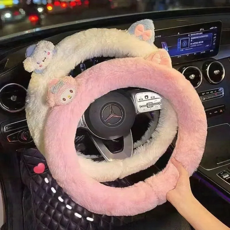 Anime Sanrio Car Decoration Steering Wheel Cover Hello Kitty Melody Cinnamorol Kuromi Plush Soft Cartoon Cute Car Accessories