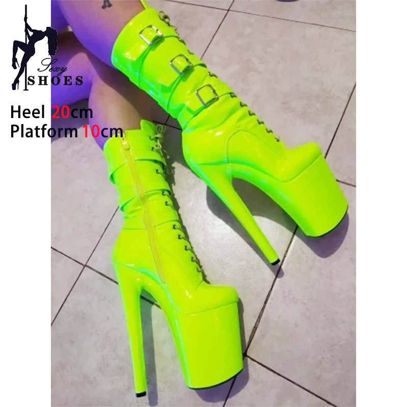 Fluorescent Green Fashionable Women ANKLE Boots Round Toe Side ZIP Short Boots Pole Dance Shoes Platform Heels Three Belt Buck