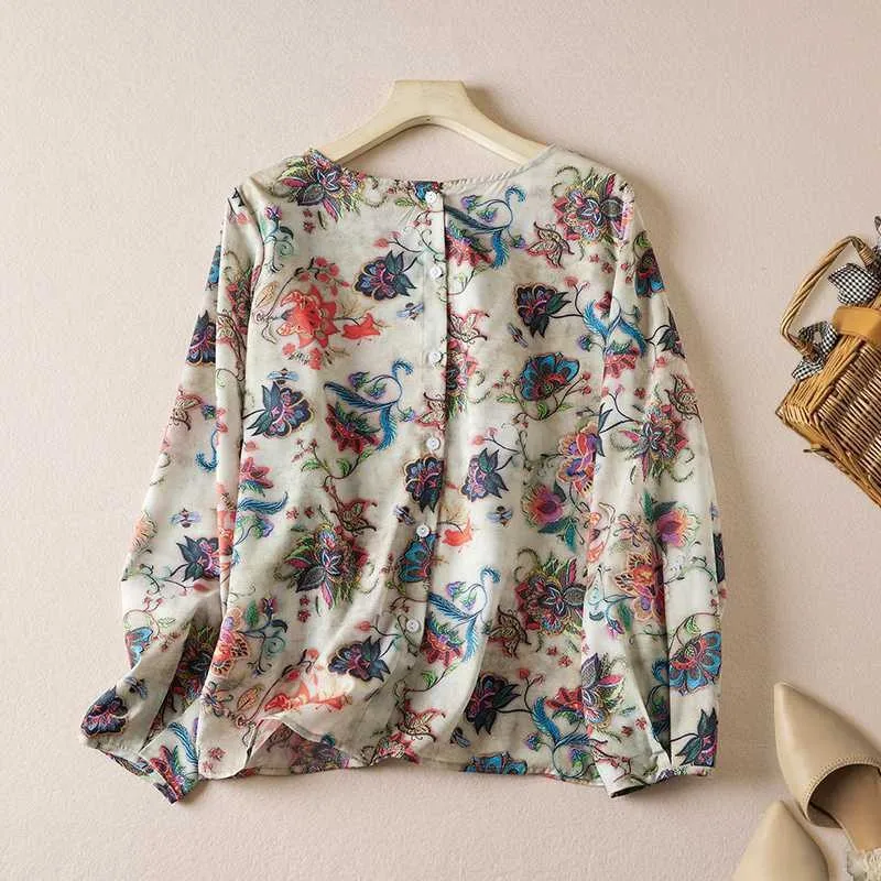 

Retro Silk Flower irt Women's Loose Fit Front Ba Wearable Button up Top Vintage Sle Long Sve round Ne