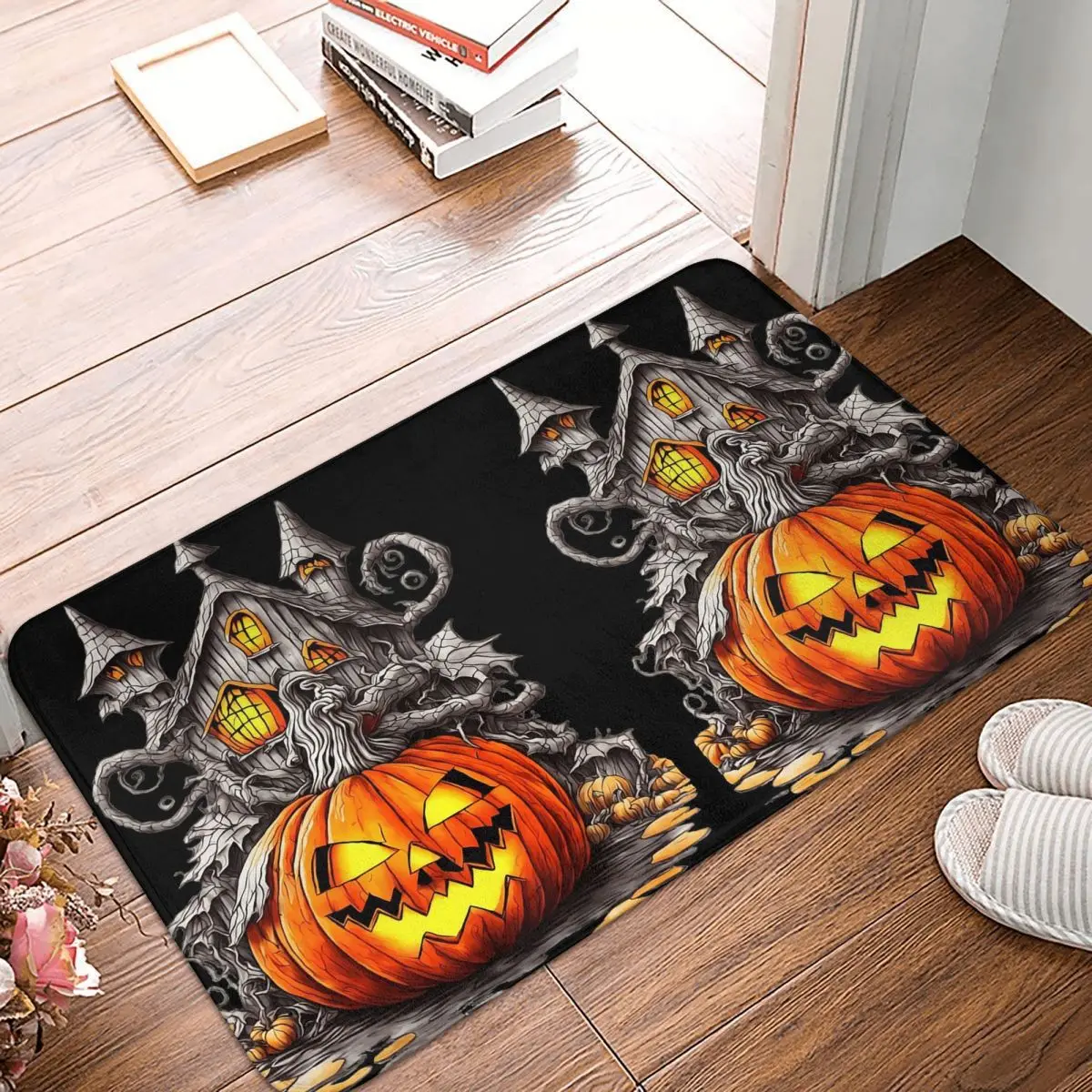 Halloween Pumpkin In Front Of Decorated House Anti-slip Doormat Floor Mat Carpet Rug for Kitchen Entrance Balcony Footpad Mats