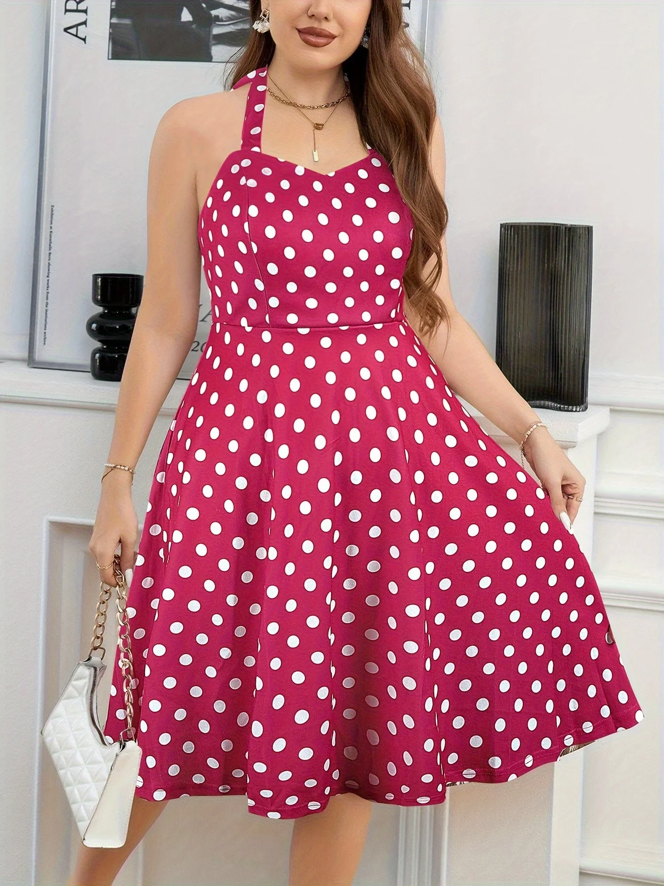 

Plus Size Elegant Polka Dot Halter Neck Swing Dress, Women's Classic Vintage A-Line Midi Dress for Casual Party