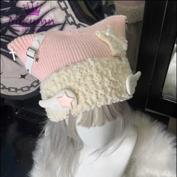 Gorro con alas de Ángel para mujer, gorro de punto cálido, estilo Harajuku, gótico, Lolita, Y2K, japonés, Estrella cruzada, hueso, oreja de gato, Otoño e Invierno