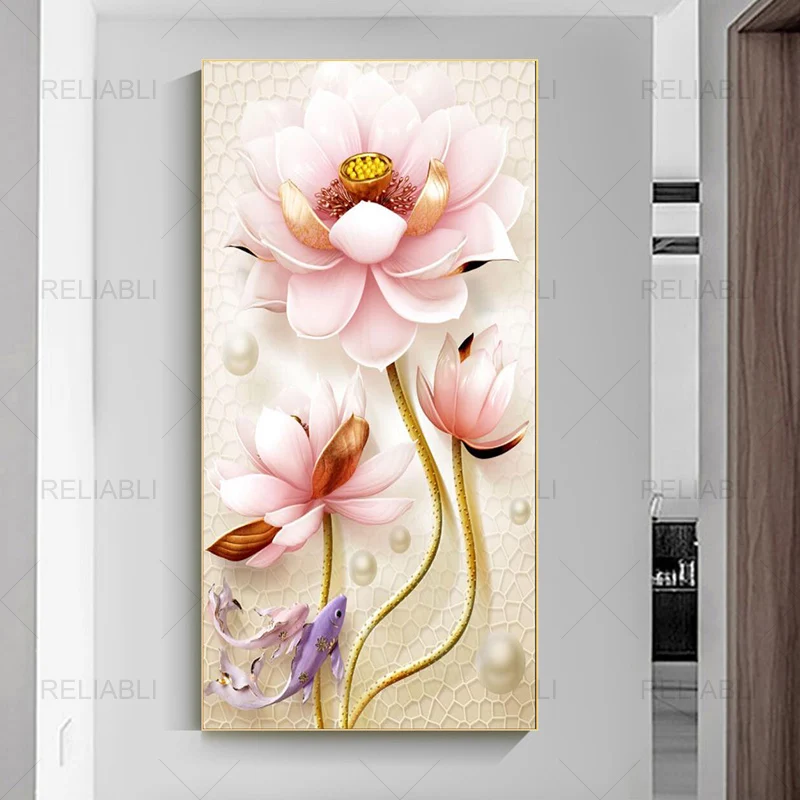 Chinese Style Watercolor Lotus Flower and Fish Canvas Painting, Wall Art, Poster and Print for Living Room Home Decor No Frame