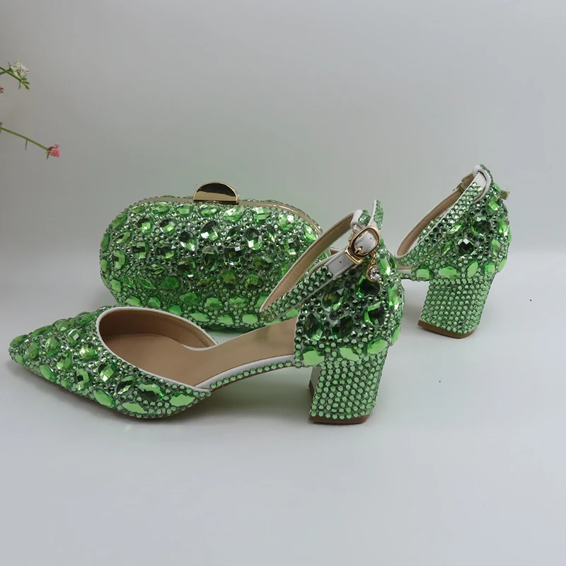 BaoYaFang Light Green Crystal Sandals Women\'s wedding shoes with matching bag Bride Pointed toe Thick Heel Buckle Sandals woman