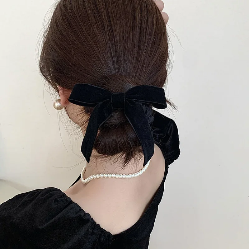 Black Velvet Bow Scrunchies Headdress Vintage Fashion Korean Sweet Girls Hair Rope Ponytail Autumn Winter Hair Accessories