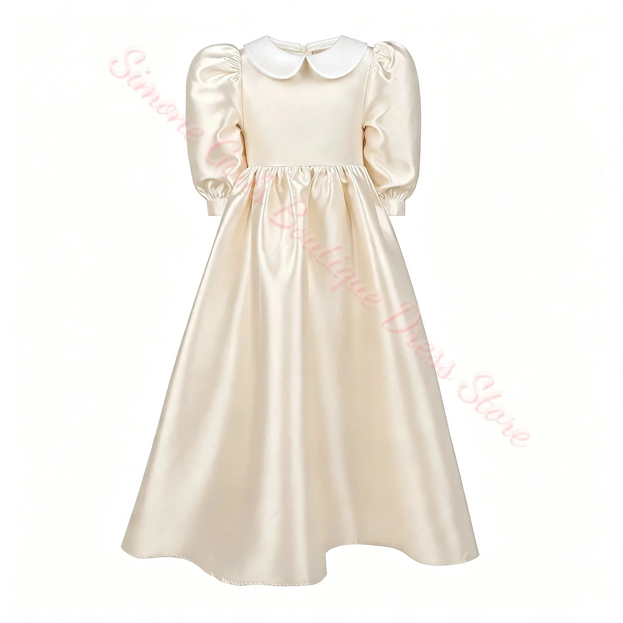 Maßgeschneidertes Großhandels-Champagner-Puffy-Blumenmädchenkleid für Hochzeiten, Satin, 3/4-Armel, Erstkommunion, Kindergeburtstagskleid – Detail 1
