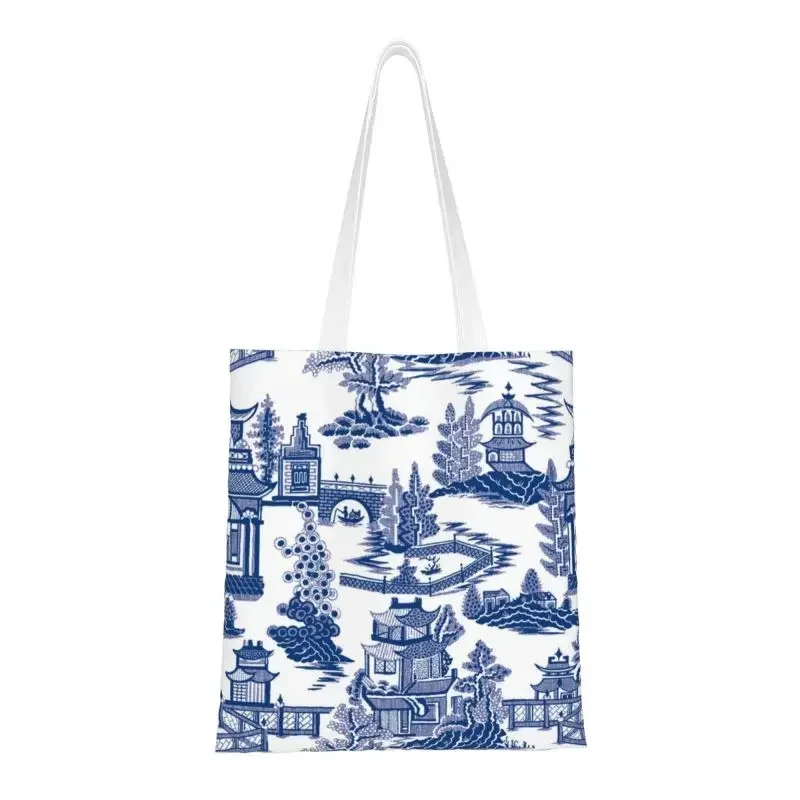 

Custom Blue Willow Ancient Ming Porcelain Shopping Canvas Bags Women Reusable Grocery Chinoiserie Pattern Tote Shopper Bags