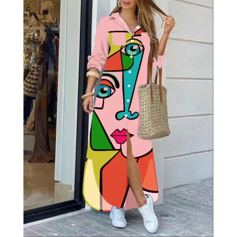 Vestido De Manga Larga Con Cuello Vuelto Para Mujer, Camisa Con Estampado Irregular, Informal, Holgado, Elegante, 2025