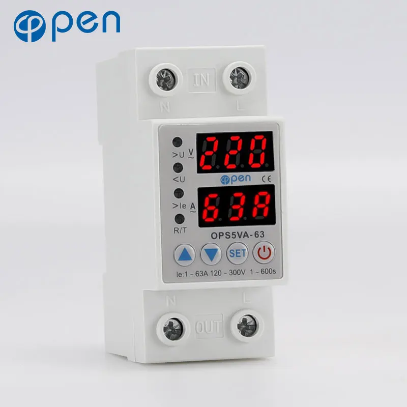 Din Rail Dual Display Adjustable Over Voltage Current and Under Voltage Protective Device Protector Relay 40A 63A  220V 230V