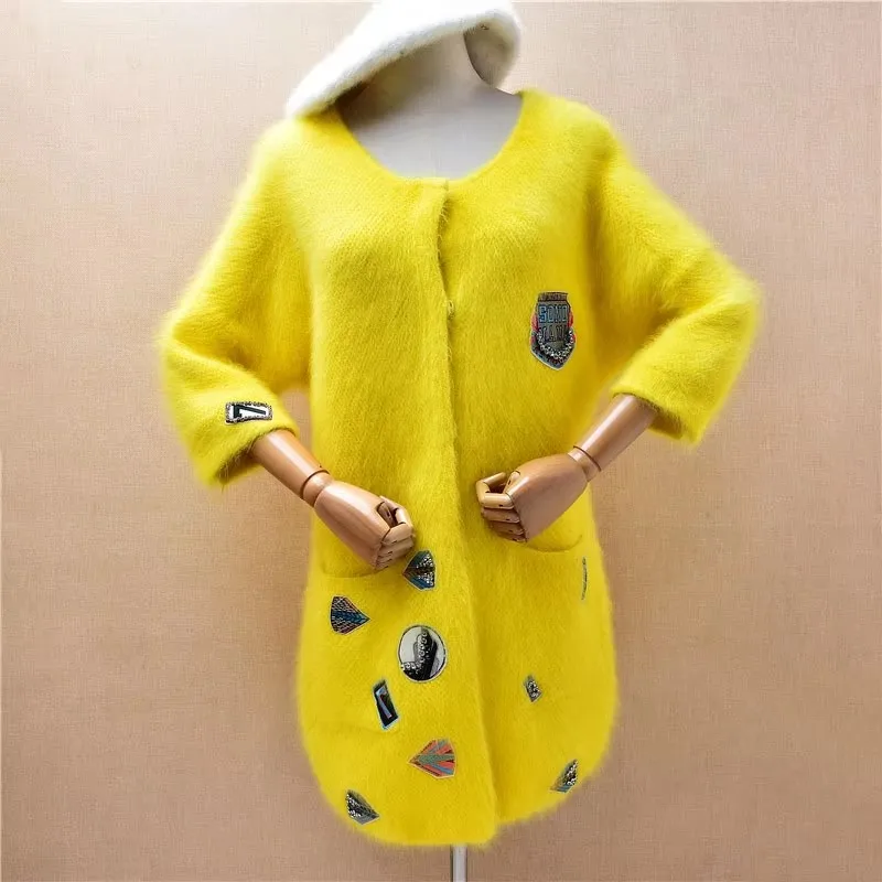 

Women Mujer Fall Winter Fashion Beaded Hairy Mink Cashmere Knitted Three Quarter Sleeves Slim Long Sweater Caridgans Jacket Pull