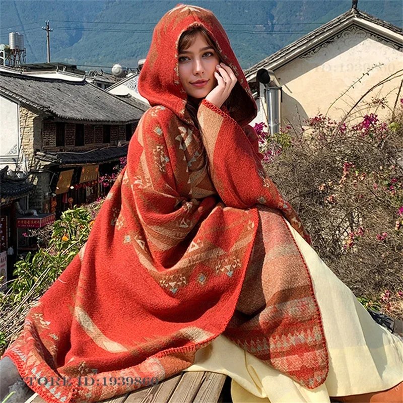 Nueva Capa de Turismo con Capucha, Cálida, Tipo Bufanda, Chal, Poncho para Adulto, Chaqueta Estampada Jacquard, Manta de Estilo Étnico