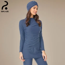 Solid Muslim Hijab Swimwear Burkini Set Fashion New Long Sleeve Swimming Head Cover Hat Suit Ladies Islamic Bathing Swim RIMAIRE