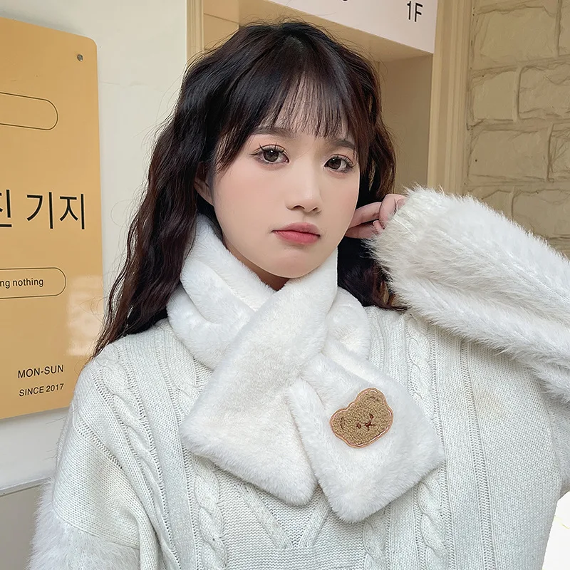 

Scarf Women's Autumn and Winter Korean Version of The Cute Bear Plush Student All-match Warm Cross Collar