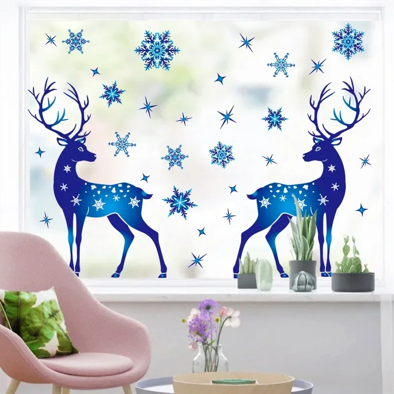 Christmas Window Sticker Blue Snowflake Sticker Xmas Deer Elk Glass Window Decoration Christmas Supplies 2024 Noel Wall Sticker