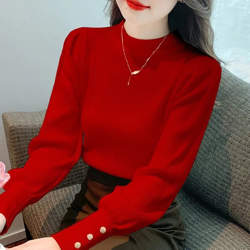 

2024 Spring and Autumn Women's New Splicing Half High Collar Fashion Solid Color Slim Versatile Casual Long Sleeve Knitted Top