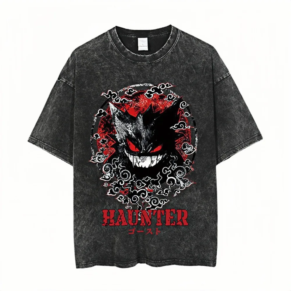 

Футболка Haunter Pokemon Acid Wash с японским укиё-э, большие футболки в стиле гранж, унисекс, повседневная уличная одежда, топы для подростков