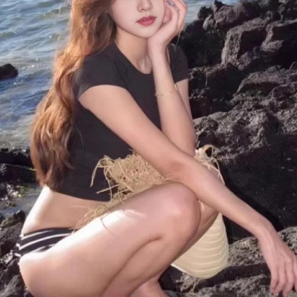 ชุดบิกินี่สตรี 3 ชิ้นพร้อมเสื้อยืดแขนสั้น ชุดว่ายน้ำลายทางสำหรับปาร์ตี้ริมสระน้ำชายหาด ชุดว่ายน้ำแฟชั่นฤดูร้อนแบบแยกส่วน S-XL