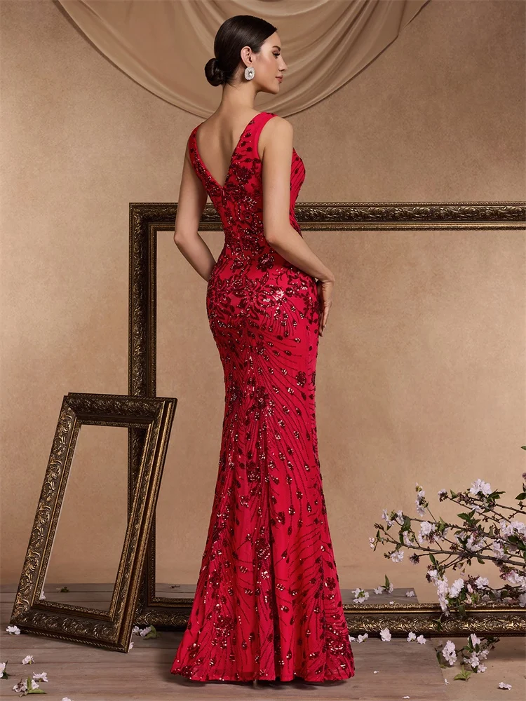 Lucyinlove Elegant Deep V-Neck Red Sequin Formal Evening Dresses Women 2024 Beading Wedding Party Mermaid Cocktail Prom Gown