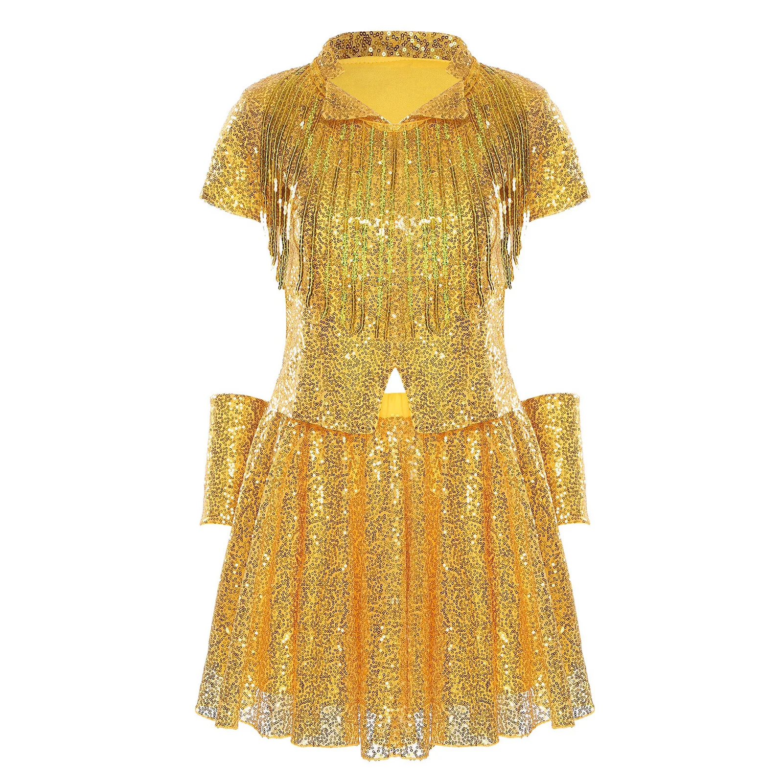 

Women Shiny Sequined Jazz Cheerleading Outfits Short Sleeve Tassel Top with Gloves and Pleated Mini Skirt for Dance Disco Club