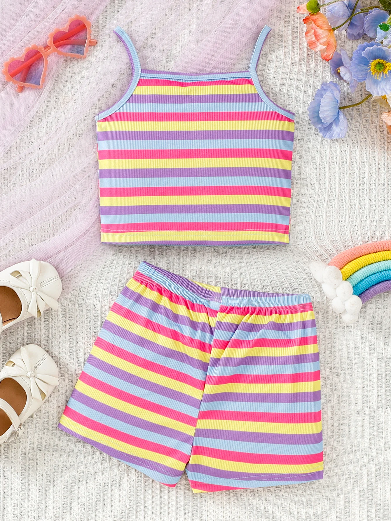 Adorable Trendy SS2026 Baby Girl Vibrant Rainbow Stripe Sleeveless Cami Top & Shorts 2pc Set (0-4Y): Soft, Comfy, Ideal for Home