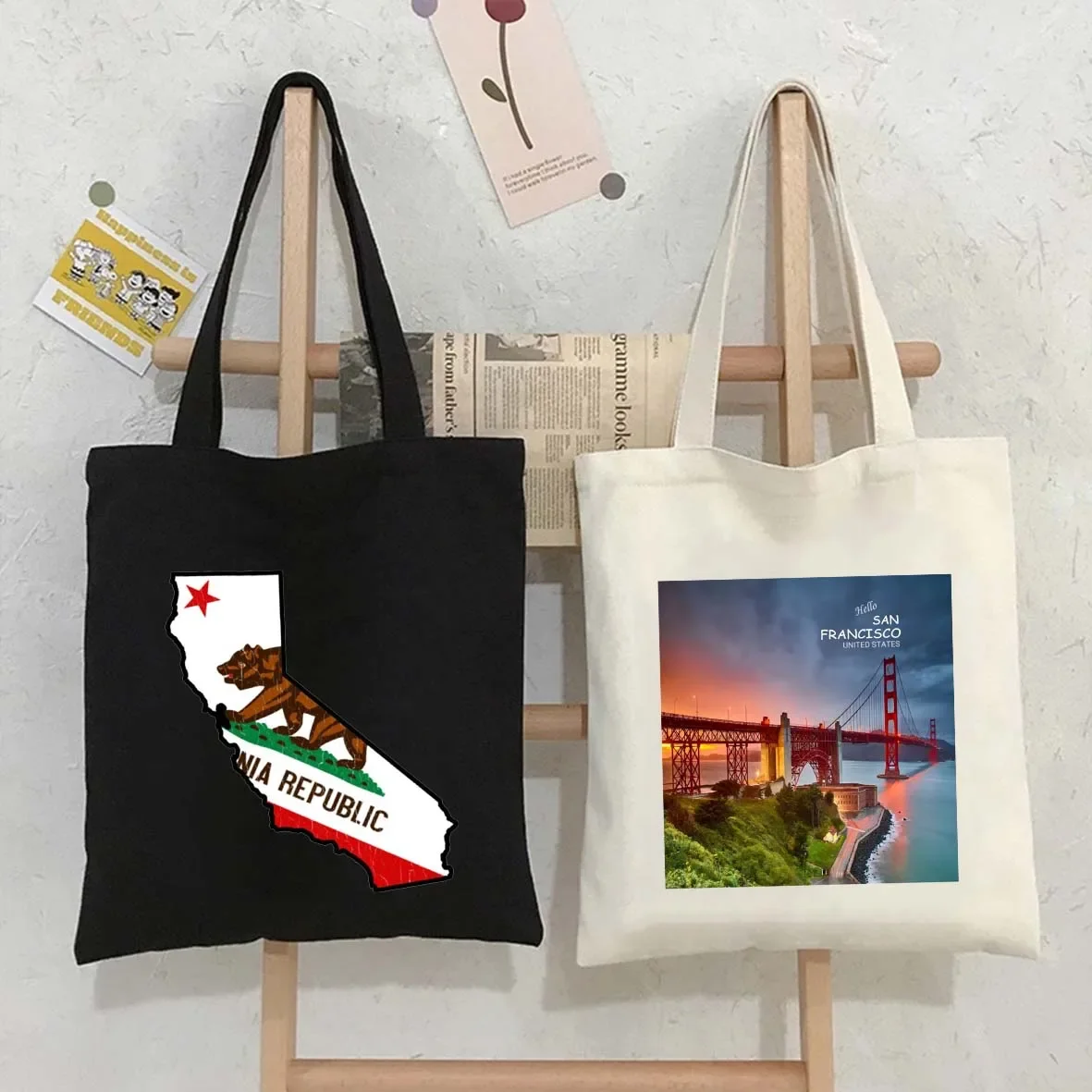 Vintage San Francisco California State Bear Flag Golden Gate Bridge Palm Harajuku Tote Bag Foldable Shopping Bag Shopper Handbag